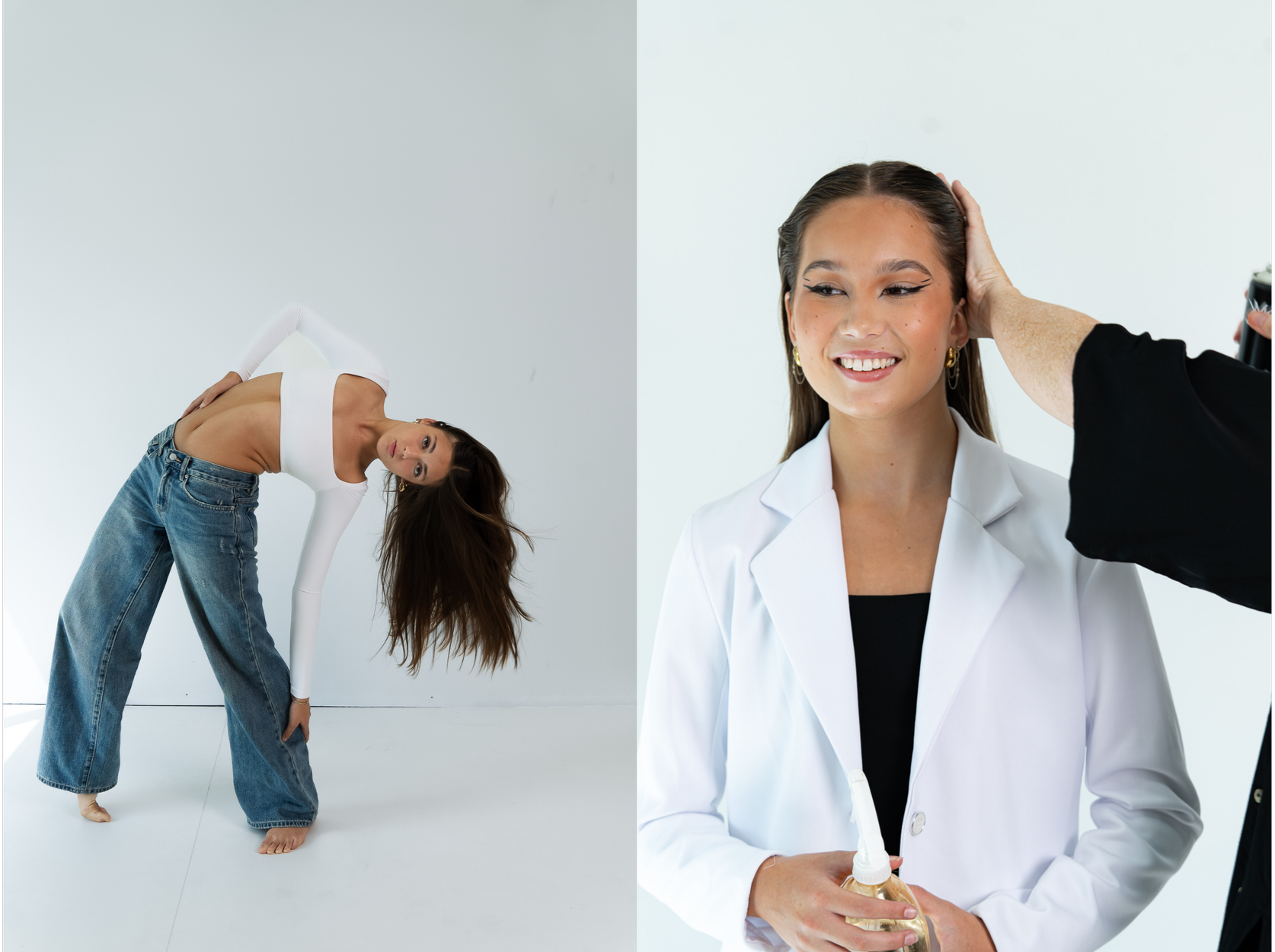 A split image showing a woman in casual attire doing a dance pose on the left and a woman smiling preparing for a photoshoot with someone adjusting her hair on the right.