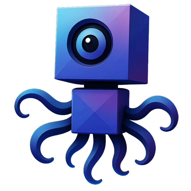 A stylized blue robot with a cube-shaped head featuring a single eye, and eight tentacle-like appendages in place of legs and arms against a black background.