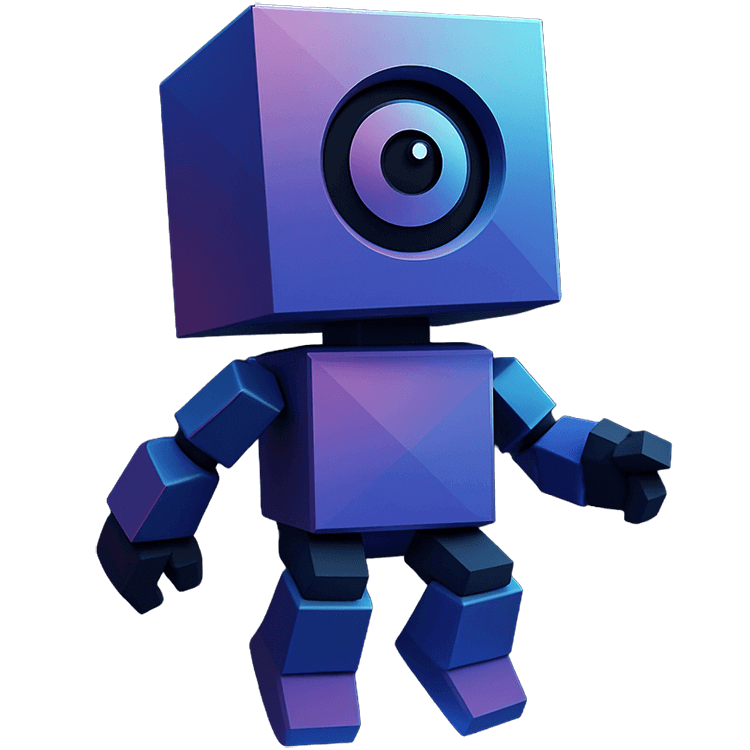 A cartoon robot with a purple cubic head featuring a large camera lens as an eye, a purple torso, and blue limbs, standing against a black background.
