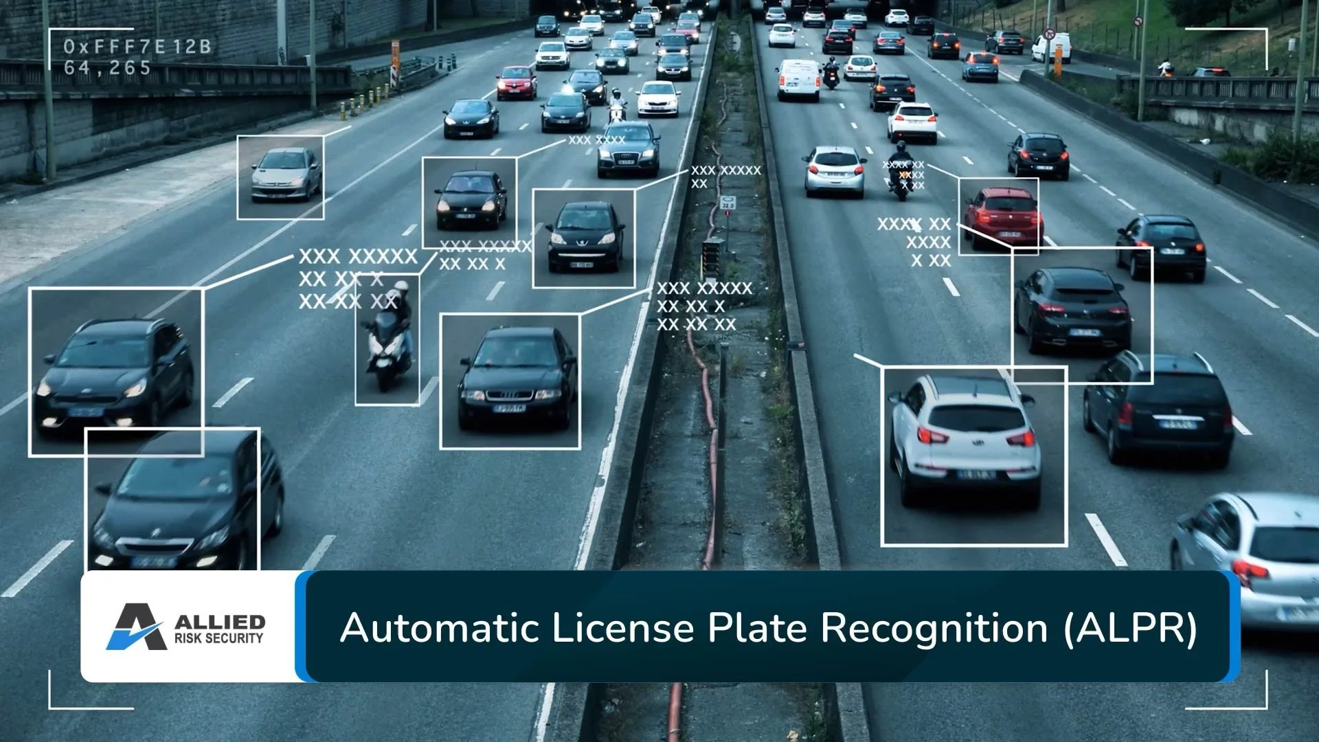 A highway with multiple lanes filled with cars and motorcycles, featuring digital boxes and annotations indicating a vehicle recognition system, with the logo and text 'Allied Risk Security Automatic License Plate Recognition (ALPR)' at the bottom.