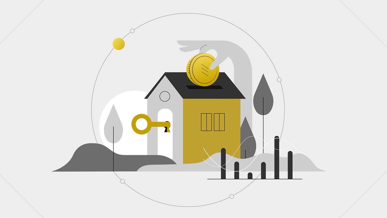 Illustration of a house with a key and a hand placing a coin into a slot on the roof, symbolizing real estate or mortgage investment, with trees and a bar chart in the background.