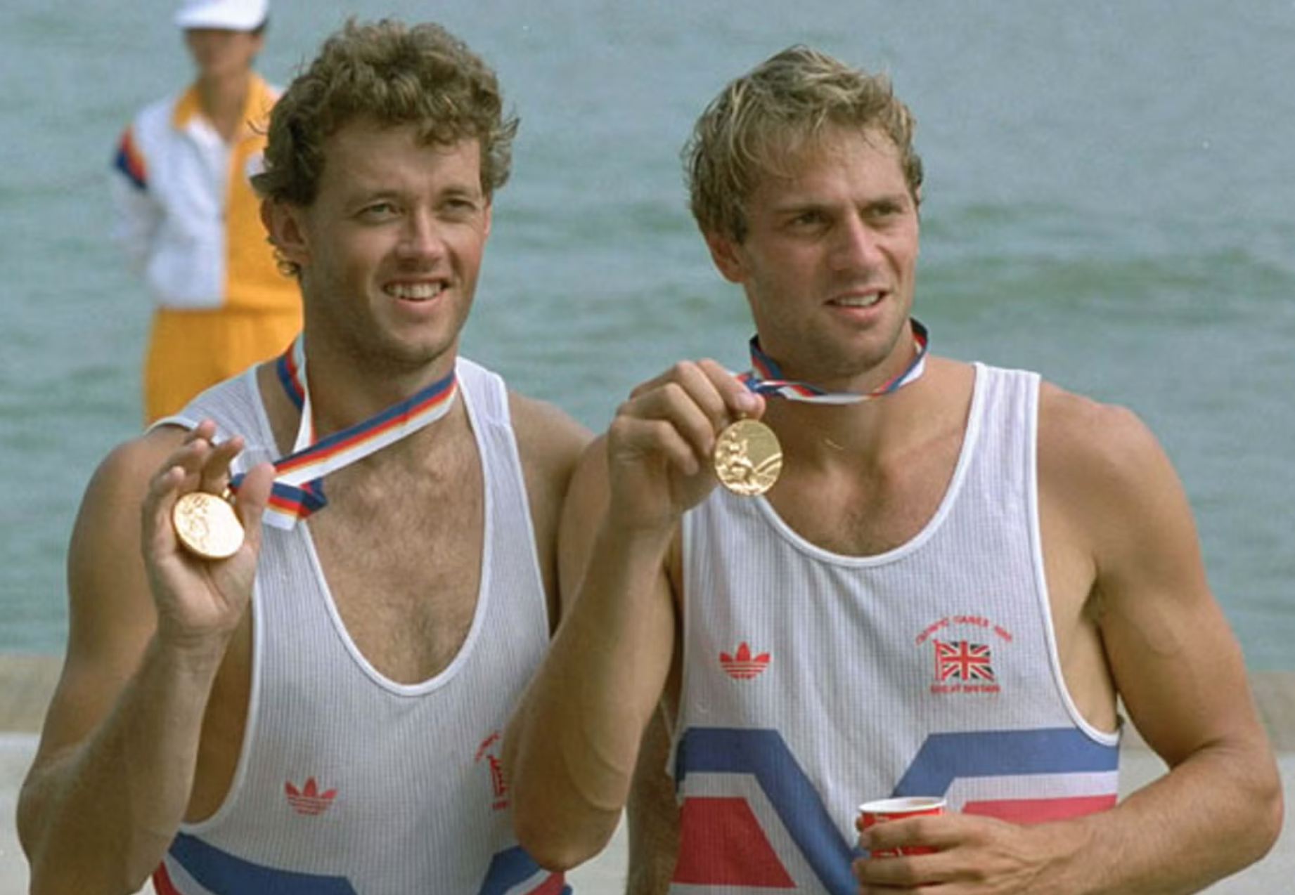 Andy Holmes and Steve Redgrave on the medal podium at the 1988 Olympic Games in Seoul having won gold in the coxless pairs