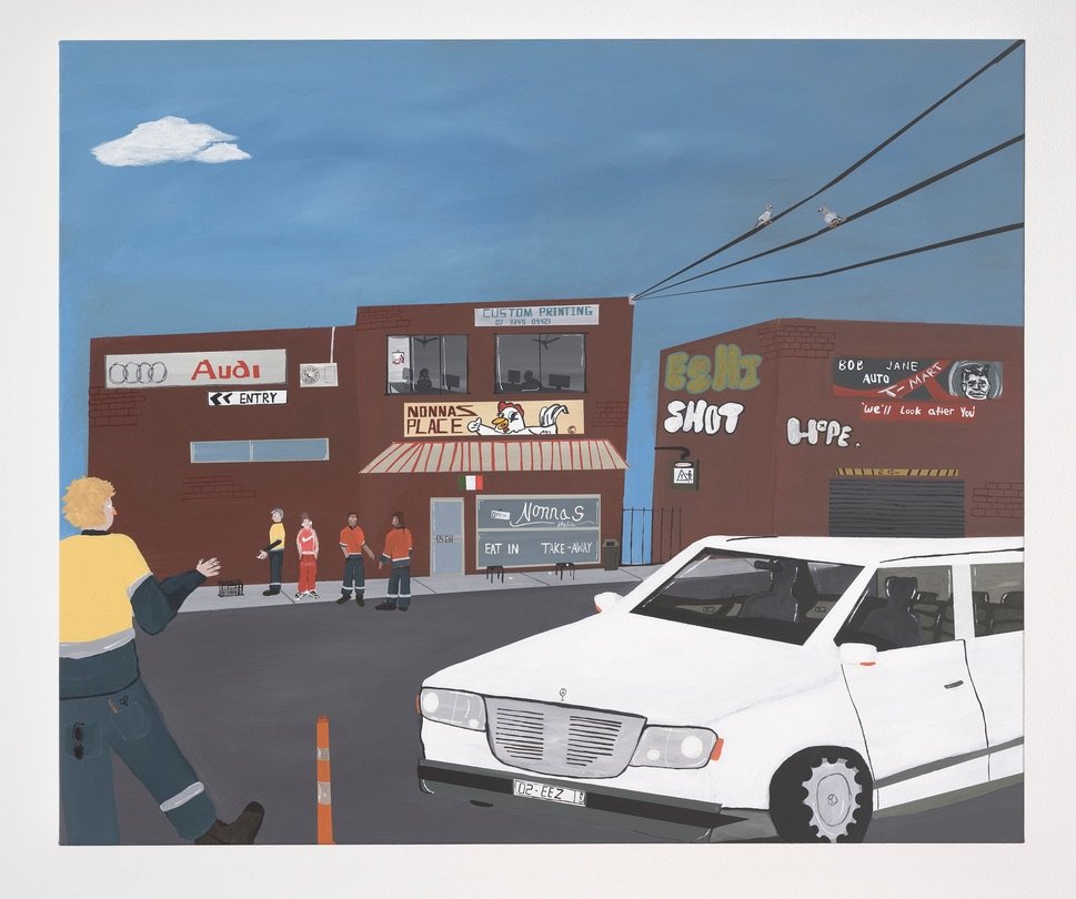 Untitled (industrial area) 2026, acrylic on canvas. 102 x 122 cm
