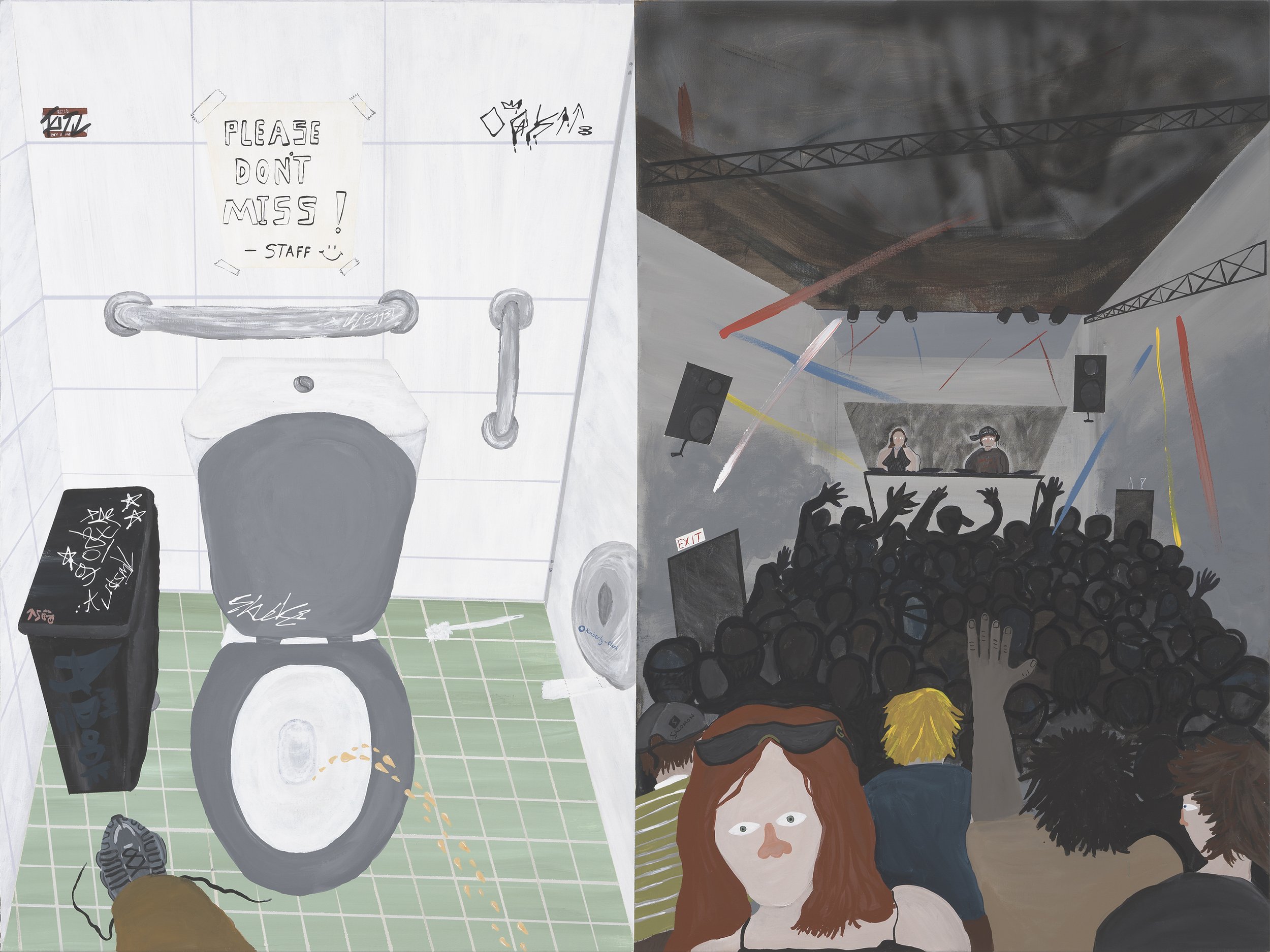 'Out late', 2025, acrylic and ink on canvas.