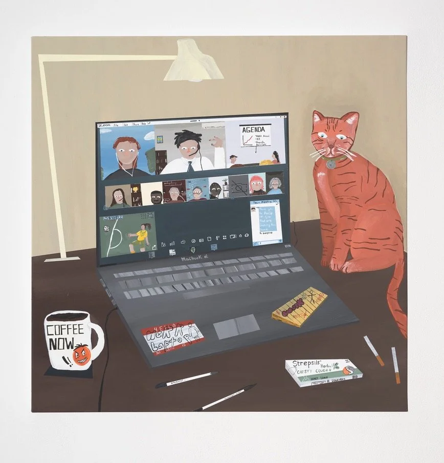 'Working from home' 2026, acrylic on canvas.
87 x 87 cm