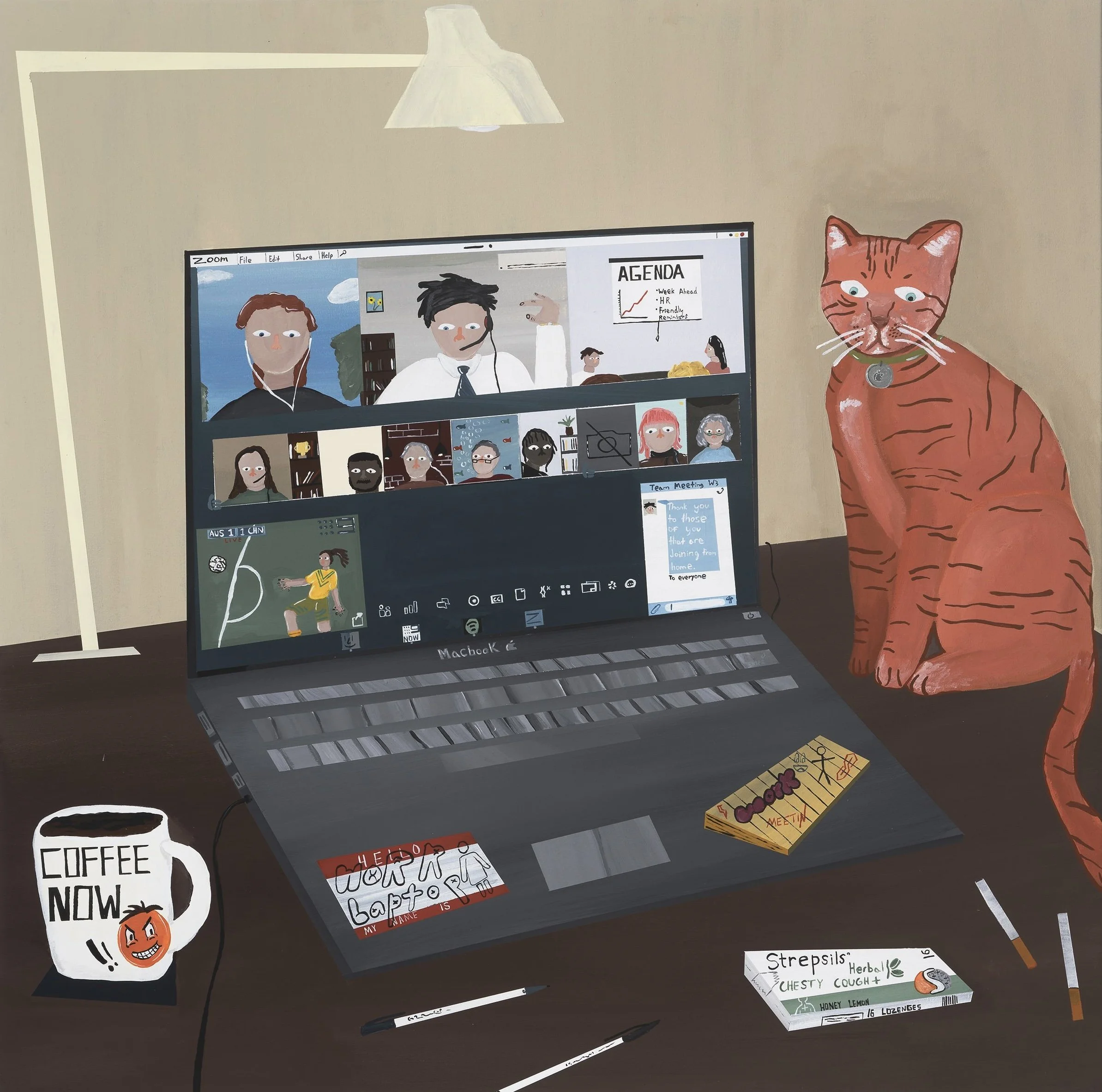 'Working from home' 2026, acrylic on canvas.
90 x 90 cm