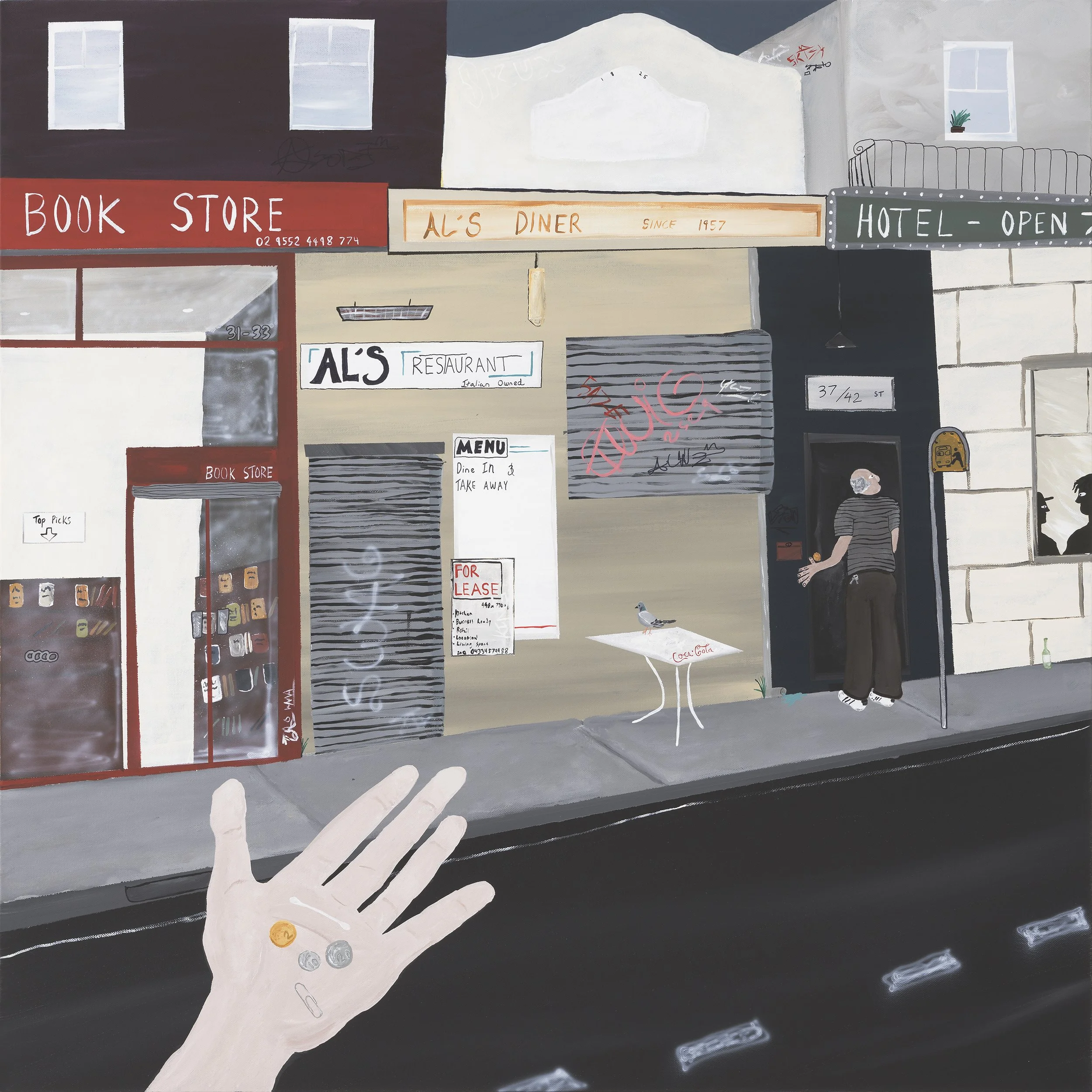 'I didn’t know they closed', 2025, acrylic and ink on canvas.
91 x 91 cm