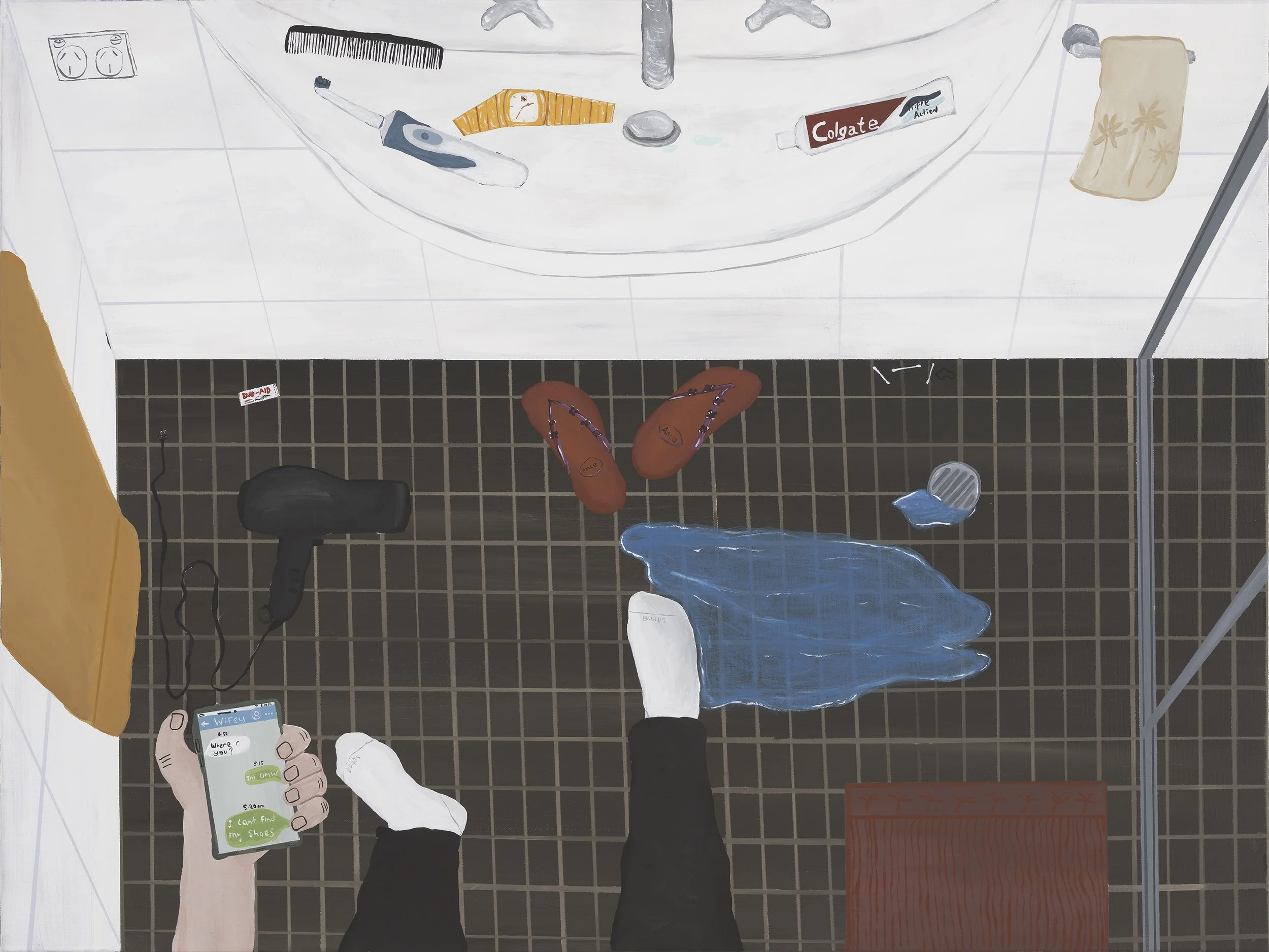 'Wet sock', 2025, acrylic and ink on canvas.