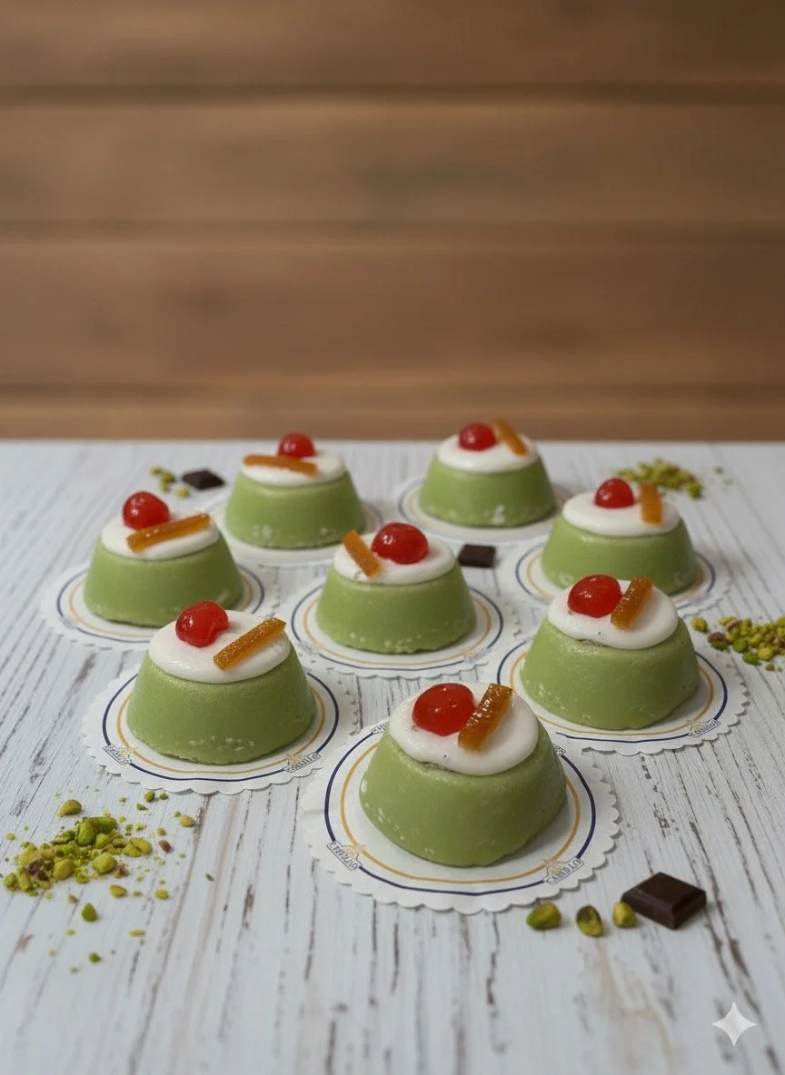 Dolci piccole tortine verdi con ciuffo di panna, ciliegina rossa e decorazione di pasta di zucchero arancione, disposte su un piano di legno bianco.