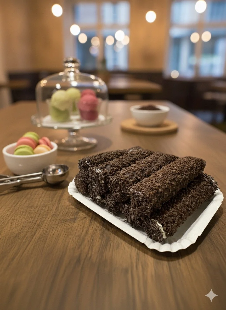 Dessert al cioccolato con dolcetti colorati e biscotti