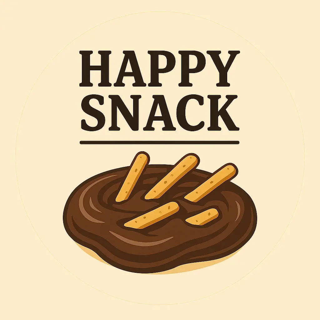 Grafica con scritta 'Happy Snack' e immagine di una ciotola di cioccolato con bastoncini di snack