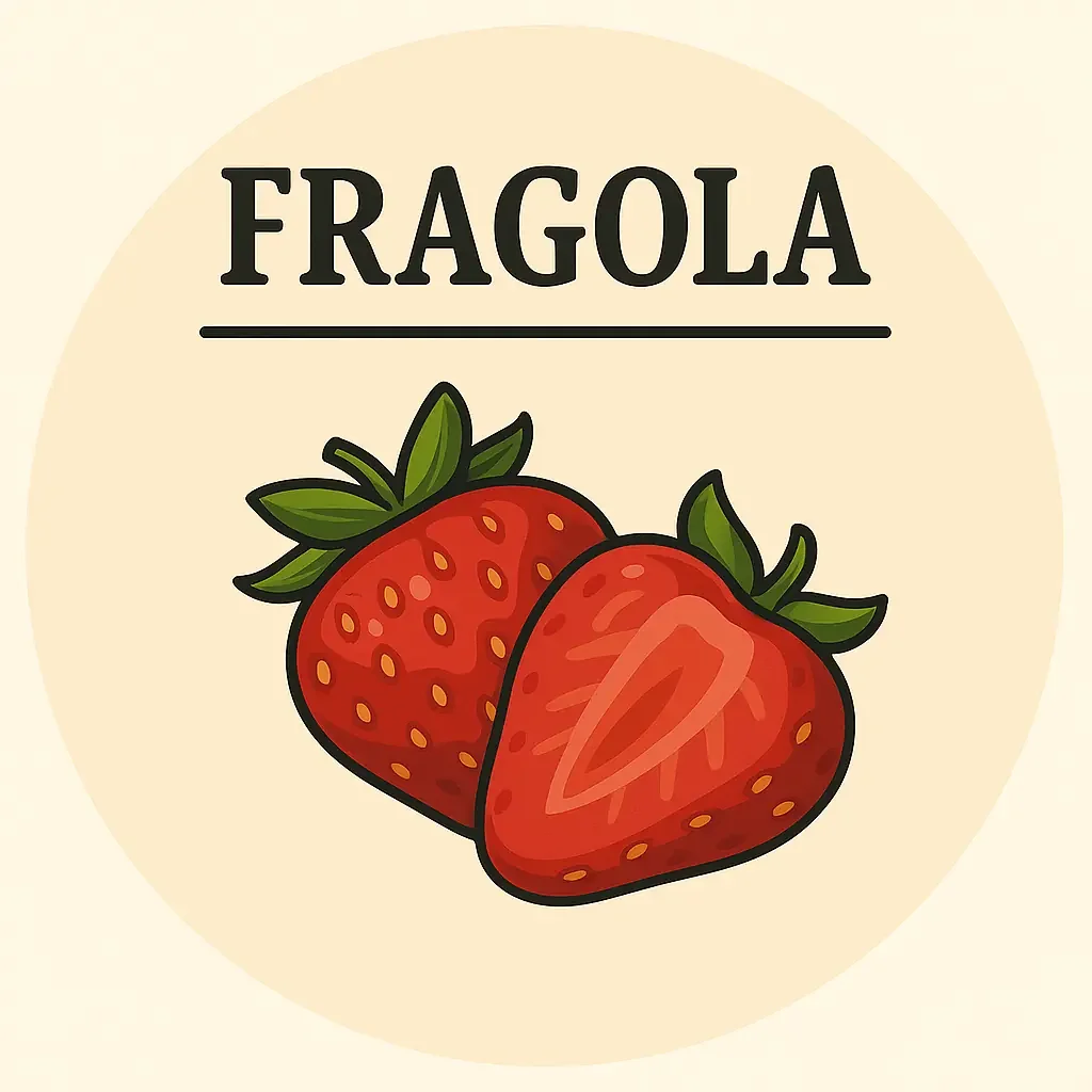 Etichette con immagini di fragole everdonate to a circular beige background.