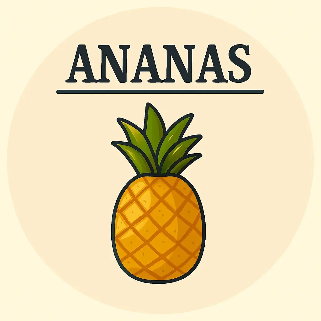 Etichetta con l'illustrazione di un ananas e la scritta 'Ananas' sopra