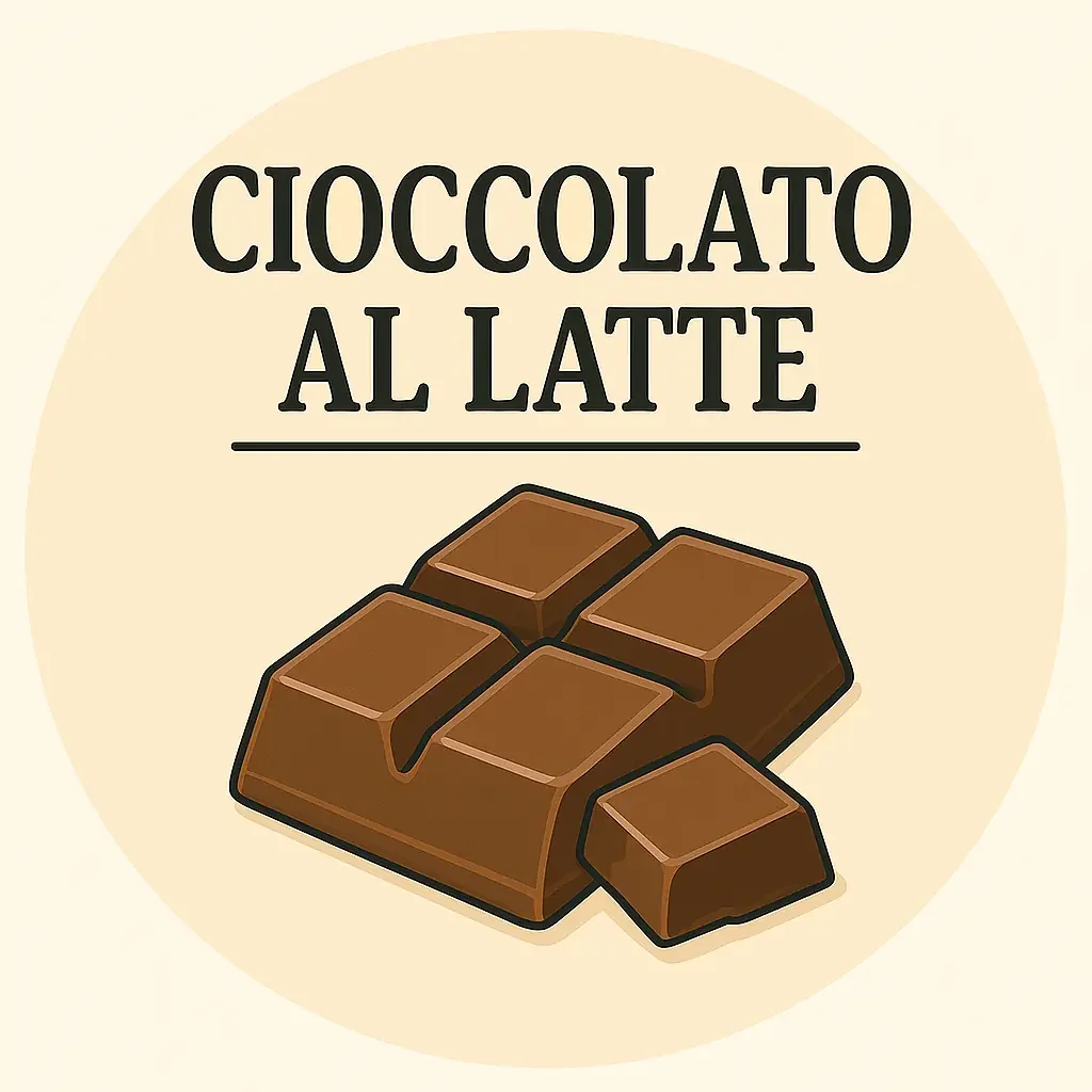 Immagine di cioccolato al latte con pezzi spezzati, accompagnato dal testo 'CIOCCOLATO AL LATTE'