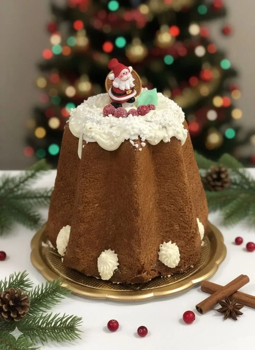Torta di Natale decorata con panna, lamponi, un piccolo Babbo Natale di plastica, e decorazioni natalizie come pezzi di cioccolato e menta fresca, con un albero di Natale sfocato sullo sfondo.