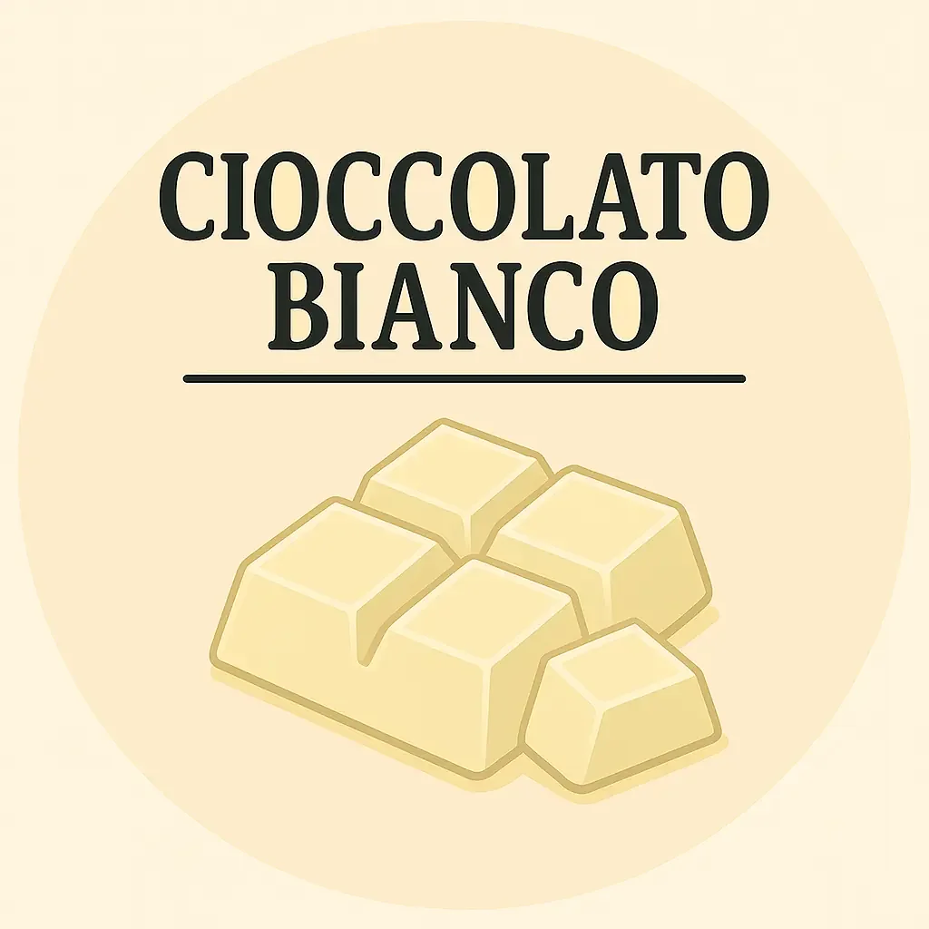 Confezione di cioccolato bianco con immagine di vari pezzi di cioccolato.