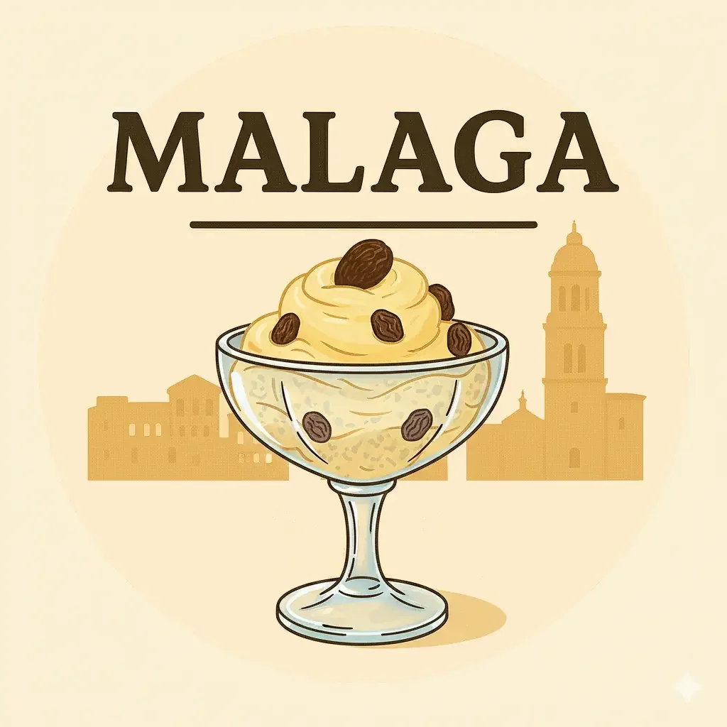 Illustrazione di un biscotto con gocce di cioccolato e la scritta "Malaga" sopra, su sfondo giallo chiaro con cerchio più scuro.