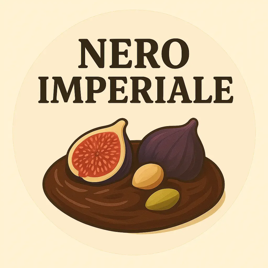 Illustrazione di un piatto di pasta con fichi e mandorle, con testo 'Nero Imperiale' sopra, in stile artistico.