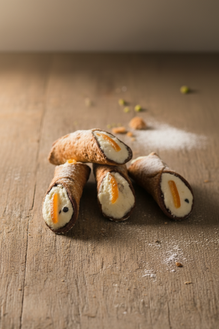 Cannoli di pasta sfoglia ripieni di crema, decorati con cotone di zucchero e pezzi di carota, disposti su un piano di legno.