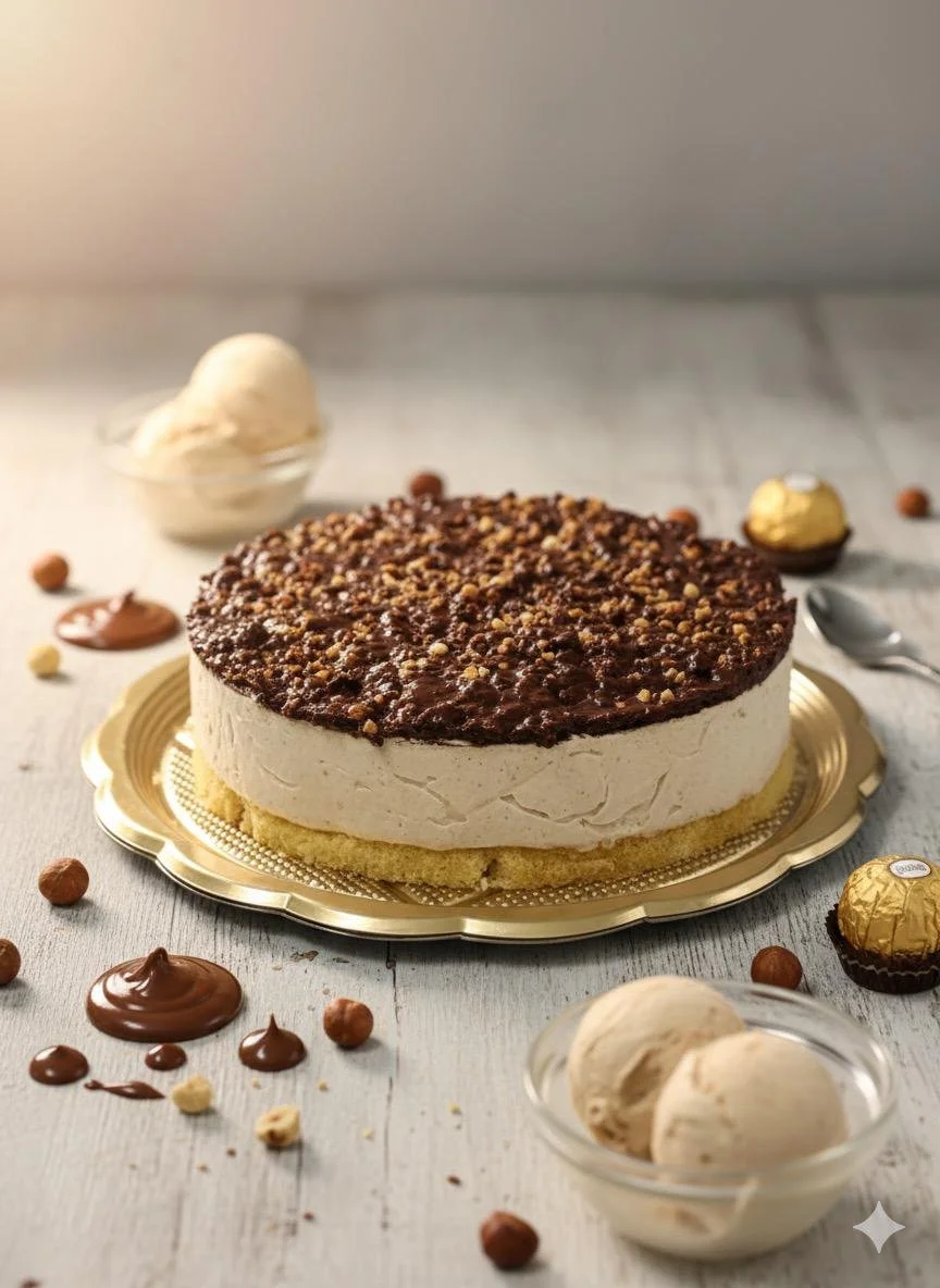 Cheesecake con base di biscotto, ripieno di crema, coperto di topping al cioccolato tritato, decorato con cioccolatini e nocciole, accompagnato da cioccolato e gelato alla vaniglia.