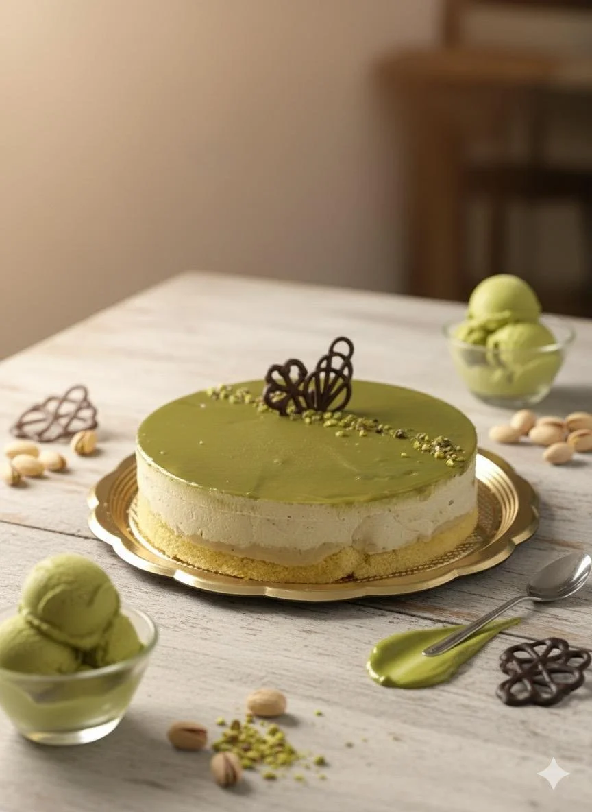 Torta con glassa verde, decorata con cioccolato a forma di fiocco e pistacchi, accompagnata da palline di gelato alla crema in ciotole.