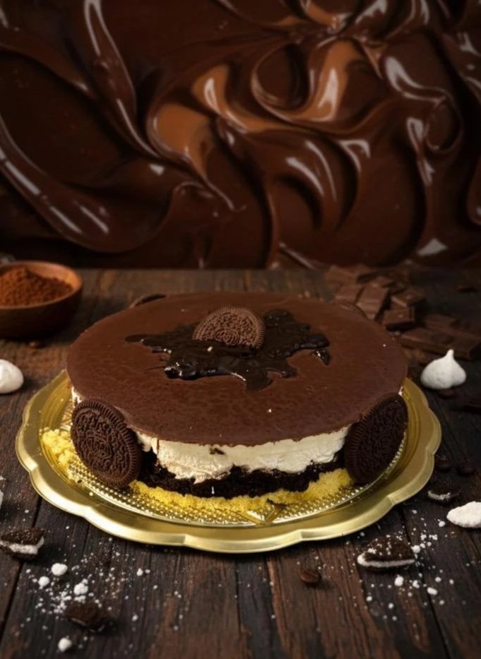 Torta al cioccolato con biscotti Oreo, crema bianca e cioccolato fondente, decorata con cioccolato fuso e biscotti Oreo