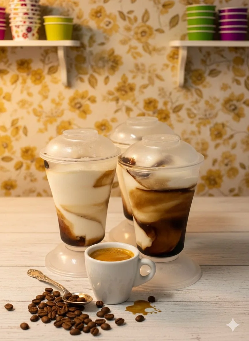 Tre bicchieri di tiramisù con copertura di plastica, una tazzina di caffè espresso e chicchi di caffè sulla tavola di legno chiaro, sfondo con carta da parati floreale gialla e scaffali con ciotole colorate.