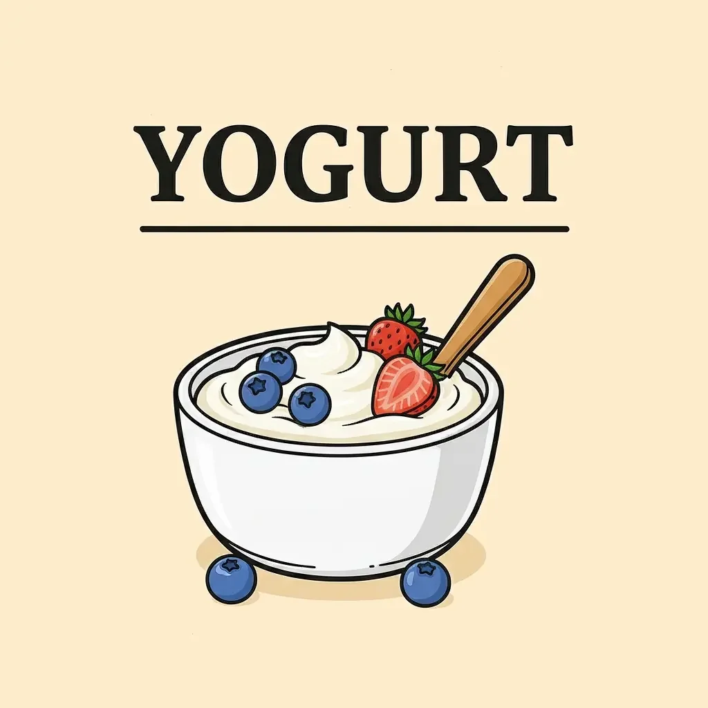 Frutta fresca e yogurt in una ciotola con cucchiaio, decorata con fragole e mirtilli.