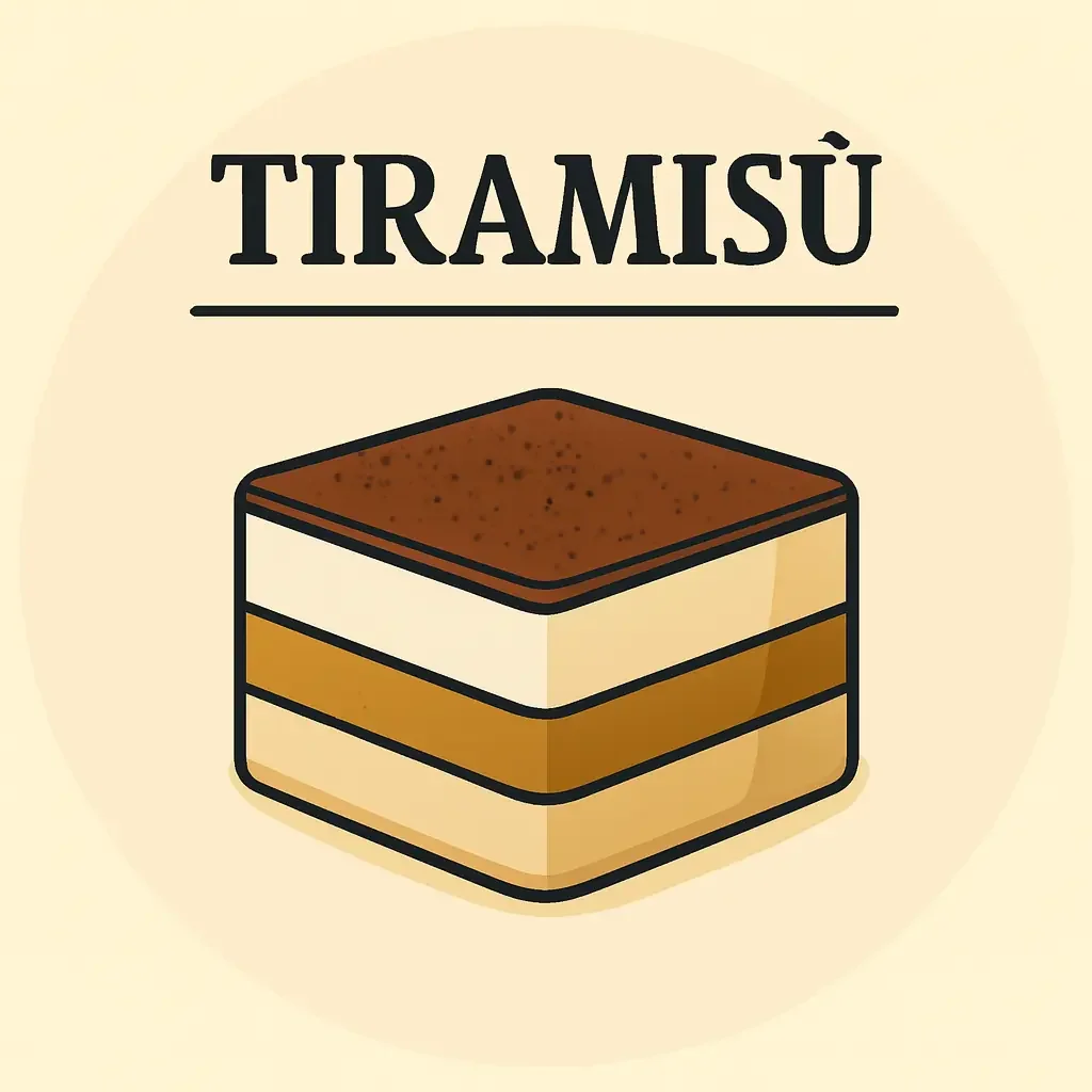 Illustration di un tiramisù con tre strati, sopra cacao in polvere, scritto "TIRAMISÙ" sopra