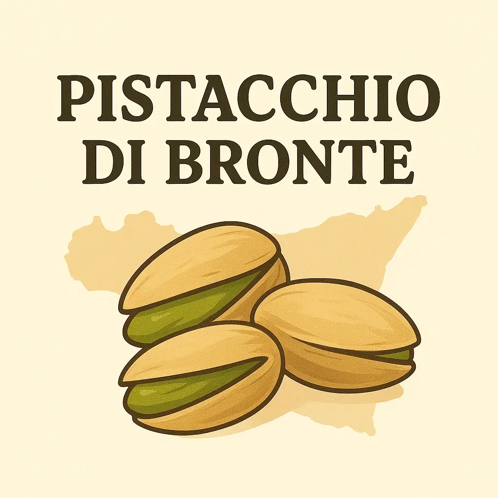 Etichetta illustrata con pistacchi di Bronte, raffigura un pistacchio aperto e alcuni pistacchi interi.