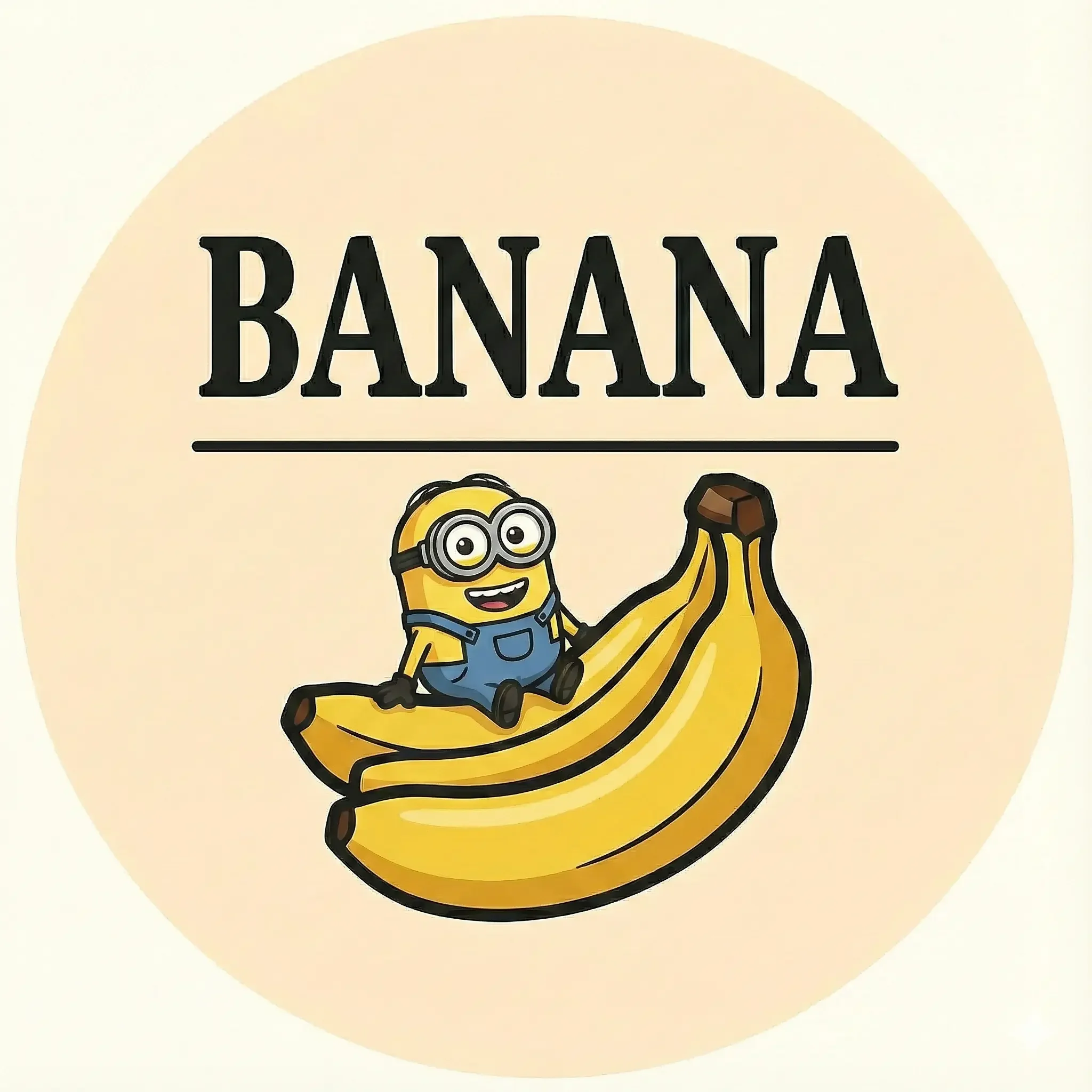 Una caricatura di un Minion seduto su due banane con la scritta 'BANANA' sopra in uno sfondo chiaro.