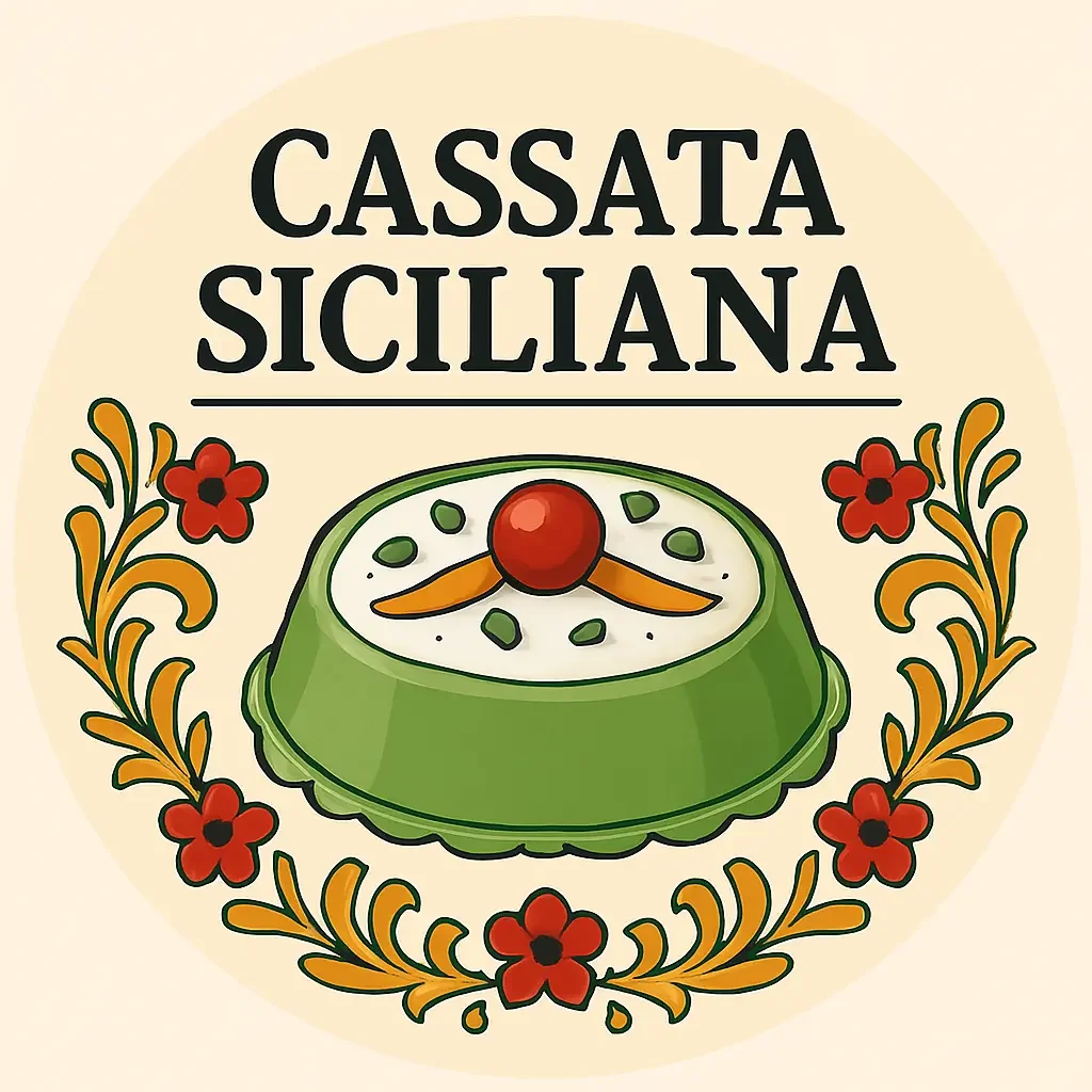 Etichetta con il testo "Cassata Siciliana" e un'illustrazione di un dolce tipico siciliano decorato con fiori e foglie in stile tradizionale.