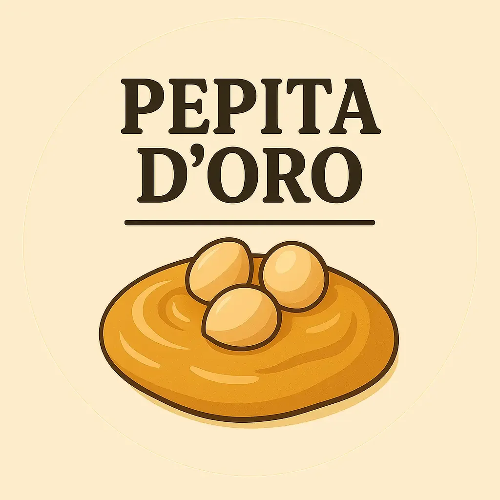 Logo con testo 'PEPITA D'ORO' e immagine di tre pepite d'oro sopra una piastra