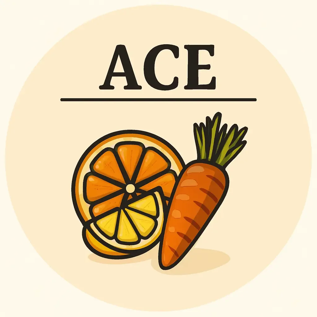 Un cartello con la scritta 'ACE' e disegni di una fetta di arancia, una fetta di limone e una carota.