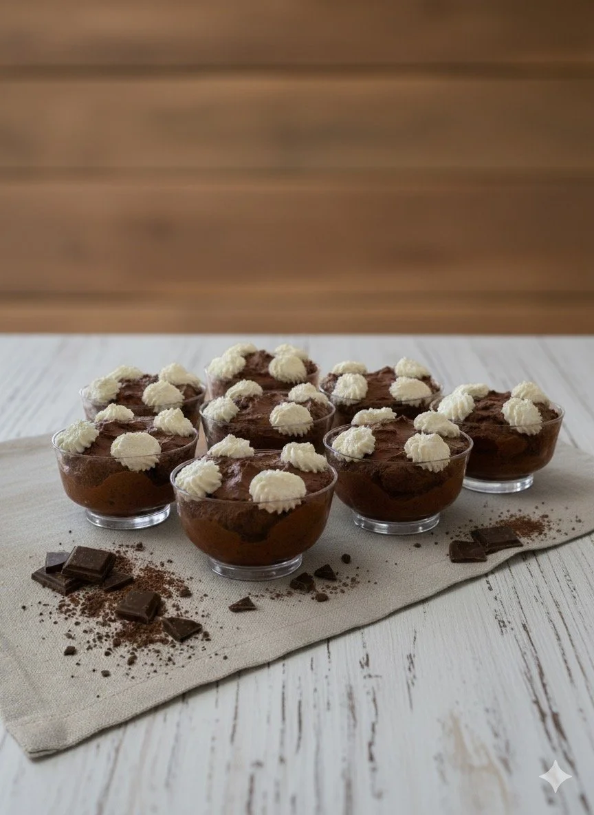 Dulci al cioccolato in coppette con panna montata, disposti su un tovagliolo beige, con cioccolato e cacao in polvere intorno.