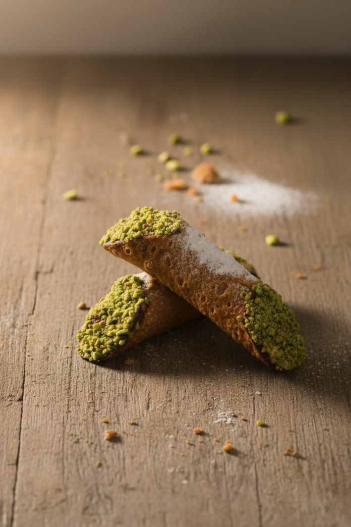 Due biscotti ricoperti di pistacchio e zucchero, disposti su un piano di legno con alcune bricioline sparse intorno.