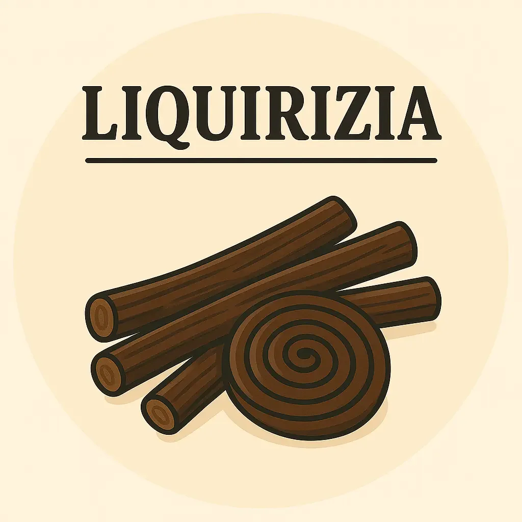 Pacchetti di liquirizia, alcune a bastoncino e una intera a cilindro, su sfondo beige con scritta "LIQUIRIZIA" in alto.