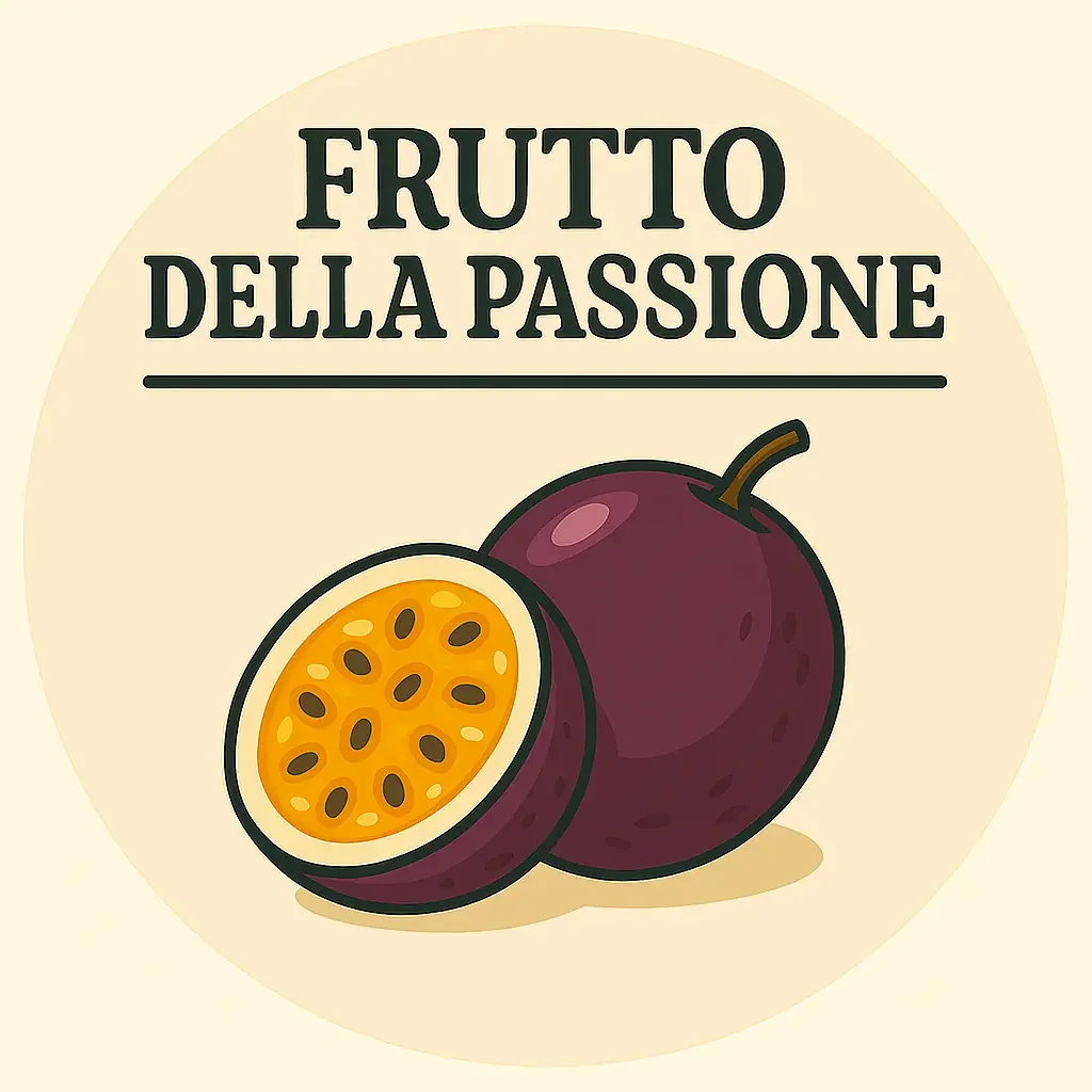 Immagine di un frutto della passione, con scritto "Frutto della Passione" sopra un'illustrazione di un frutto intero e uno tagliato a metà che mostra la polpa arancione con semi neri.