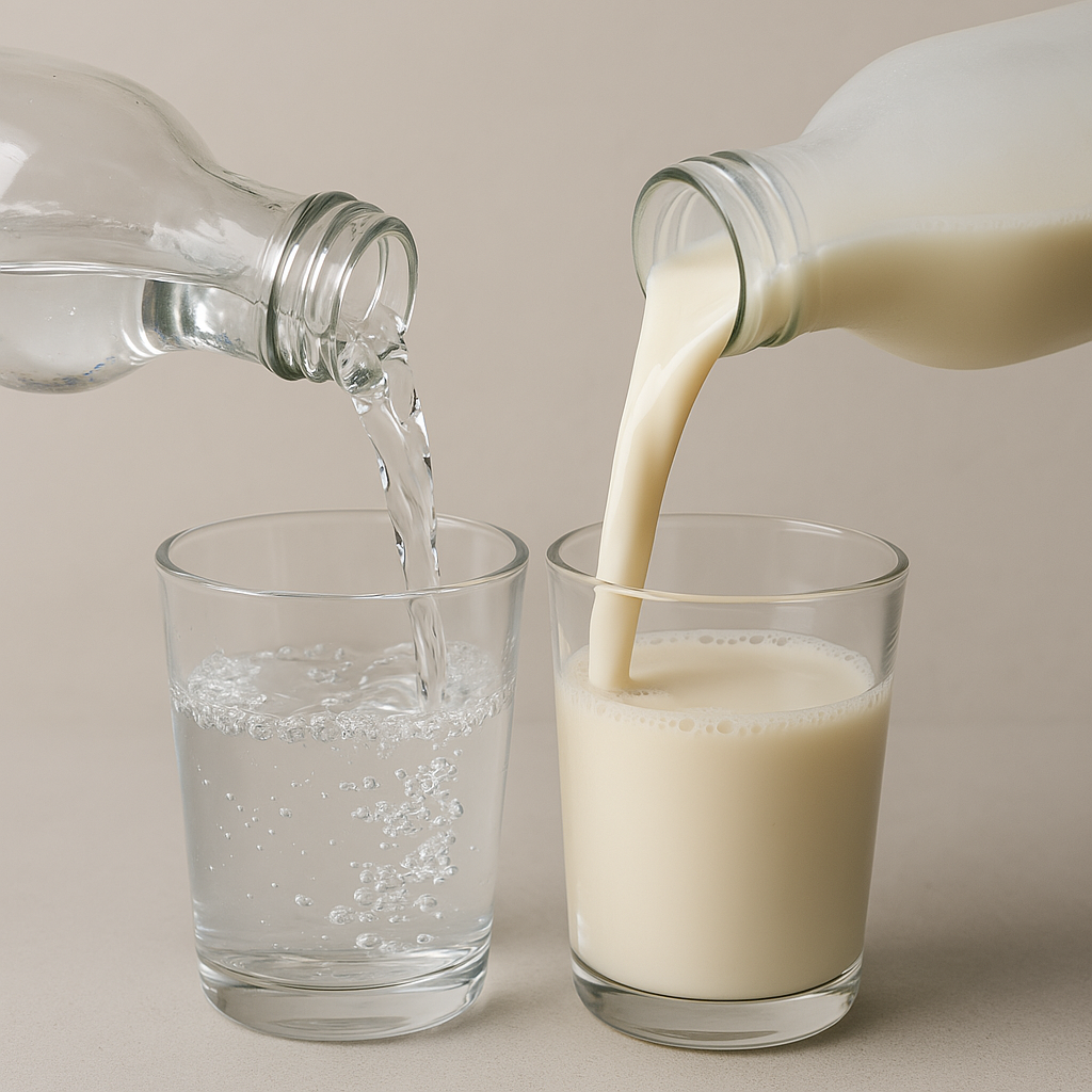 Bottiglie di acqua e latte che vengono versate in bicchieri