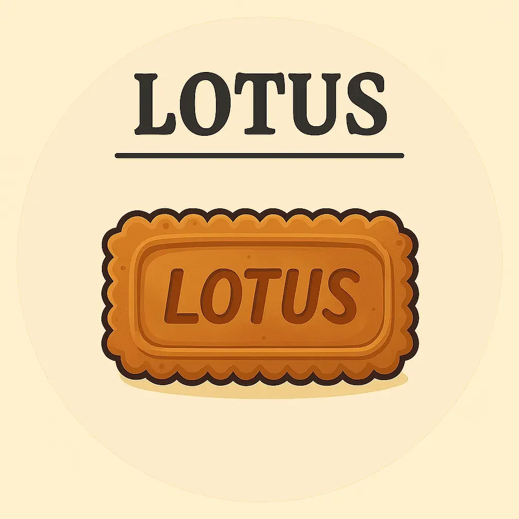 Un biglietto o una scatola di cioccolato con la parola "LOTUS" scritto sopra, dal design semplice e color brown con contorni scuri.