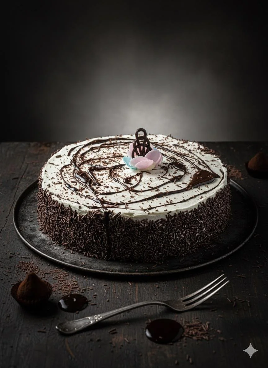 Torta di cioccolato con decorazioni di cioccolato e zucchero a formare un fiore, su un piatto nero con cioccolato e decorazioni intorno.