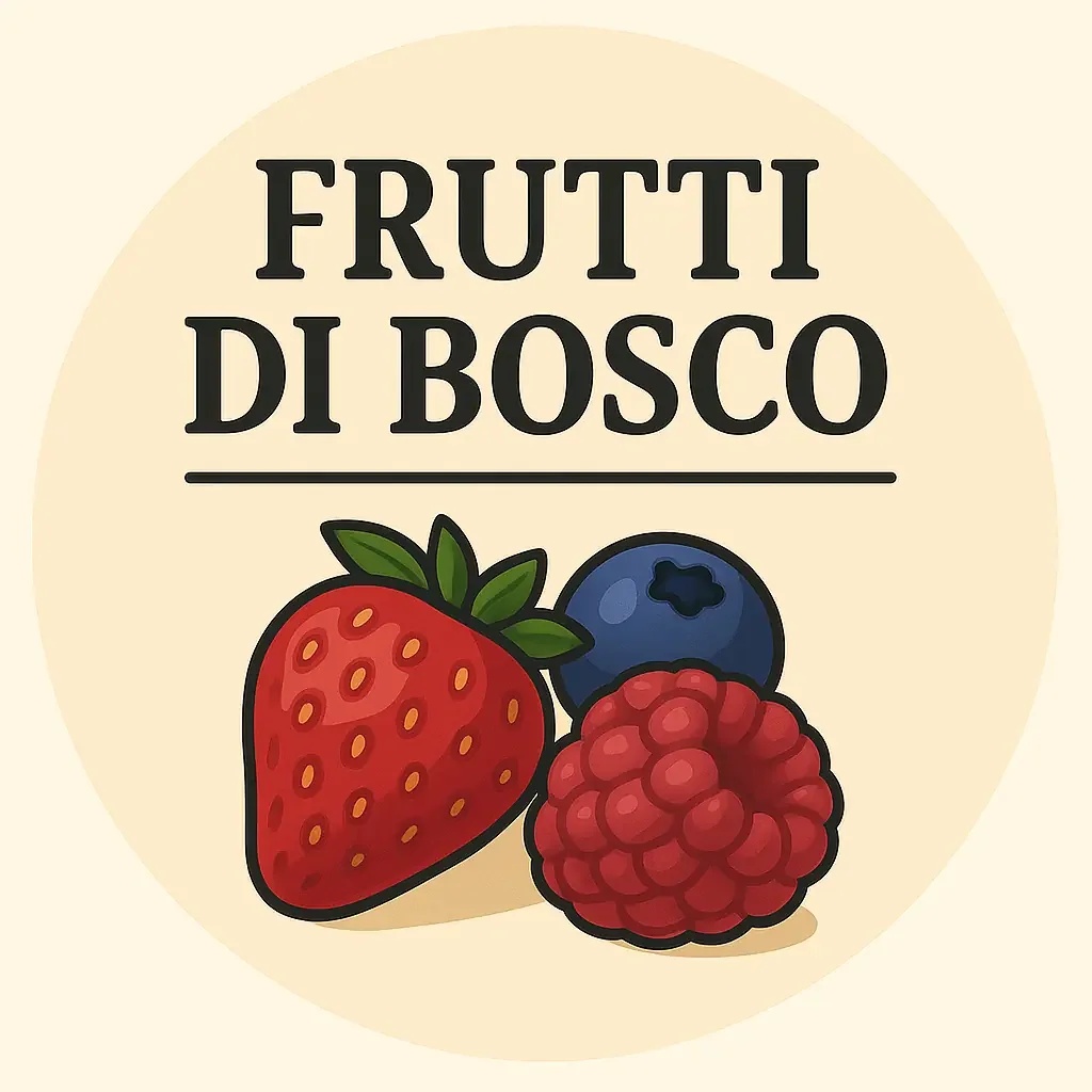 Etichetta con testo "Frutti di Bosco" e immagini di una fragola, un mirtillo e una lamponessa.