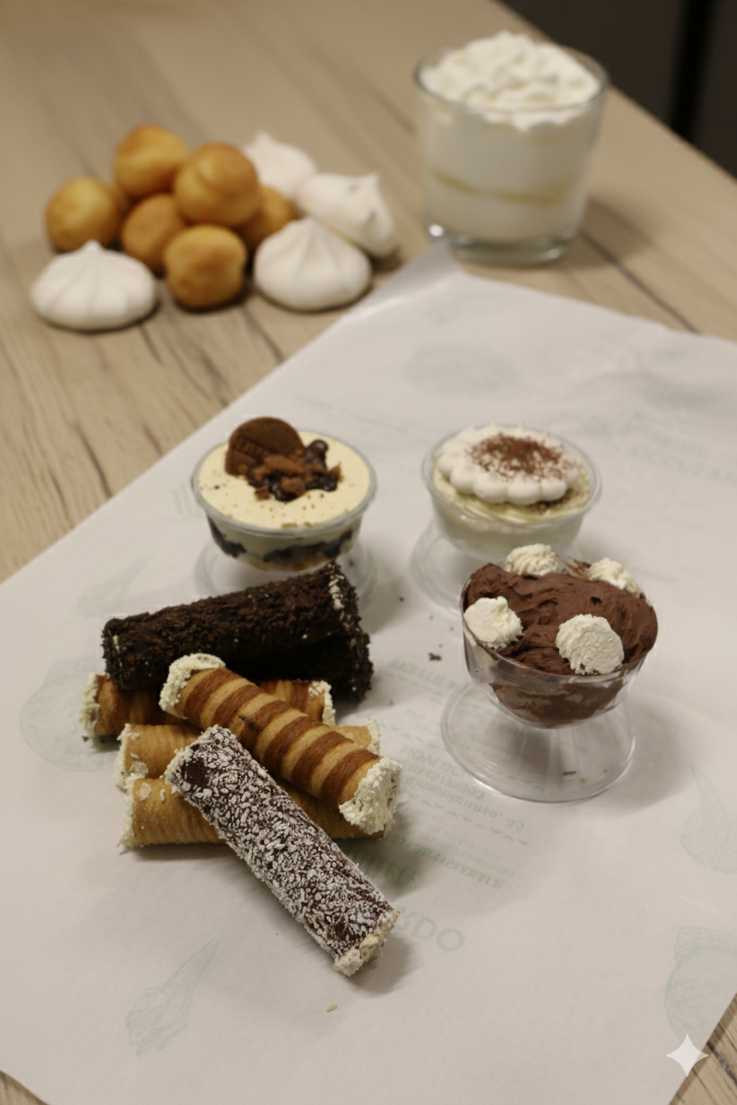 Sei coppe di dessert al cioccolato e crema con vari biscotti e wafer, due sono decorati con panna montata, su uno ci sono oreo. In alto, a destra, un bicchiere con panna montata, sullo sfondo, nocciole e meringhe su un tavolo di legno.