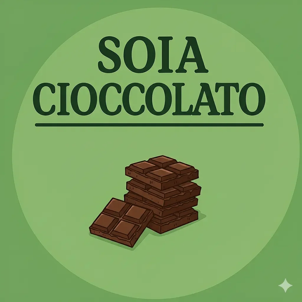 Etichetta con testo 'Soia cioccolato' e immagine di tavolette di cioccolato