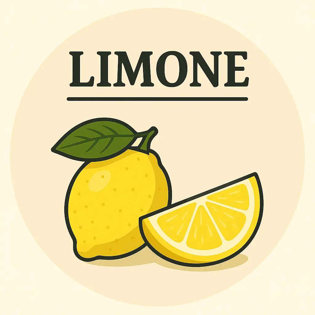 Illustrazione di un limone intero con una foglia e una fetta di limone, su sfondo beige chiaro, con la parola "LIMONE" in alto.