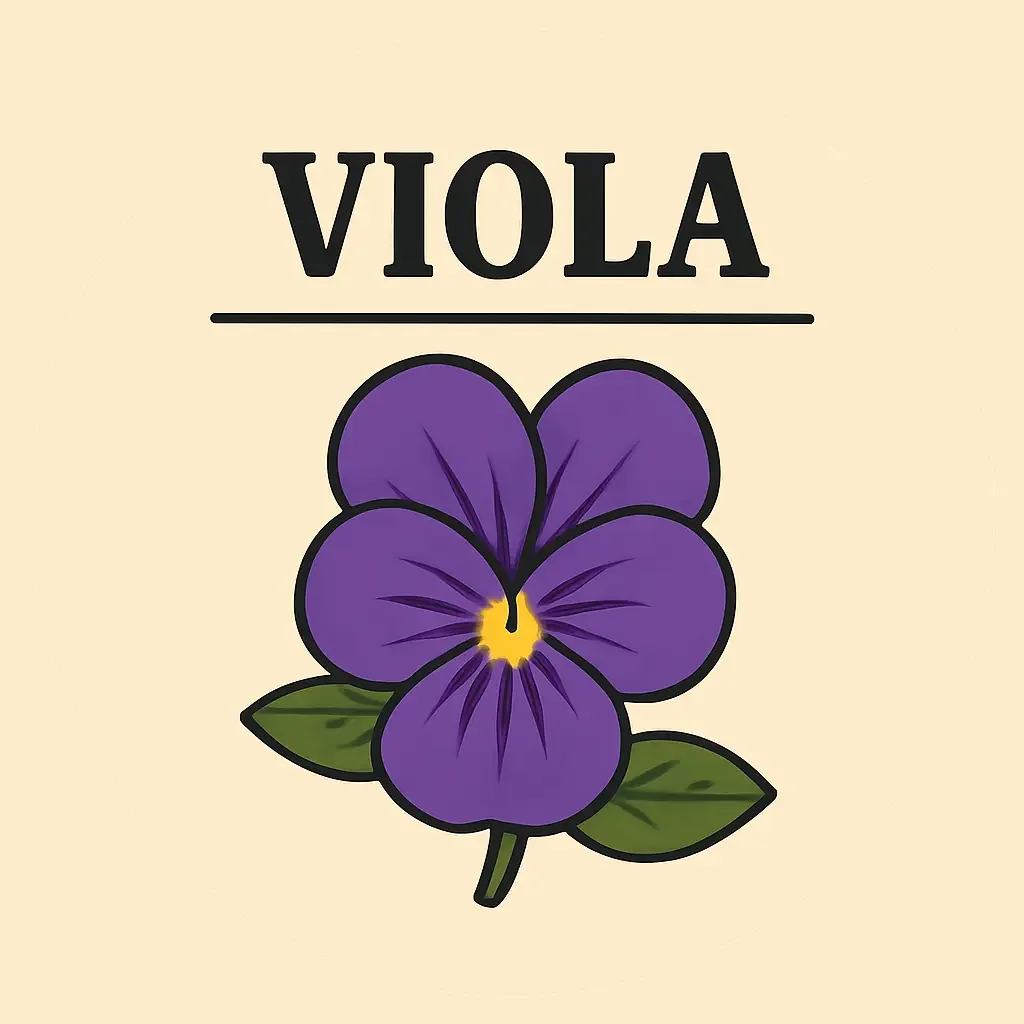 Logo con dedica viola e foglie verdi su sfondo beige.