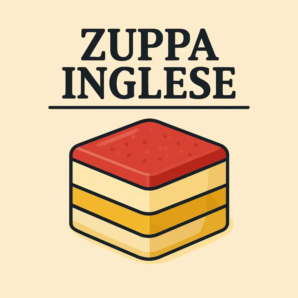 Icona di una zuppa a strati con la scritta 'Zuppa Inglese' in italiano sopra.