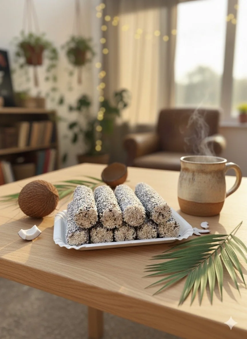 Piatto con dolcetti ricoperti di cocco, una tazza di tè caldo con vapore, foglie di palma e noci di cocco intere e mezze in un ambiente accogliente con piante e luci soffuse.