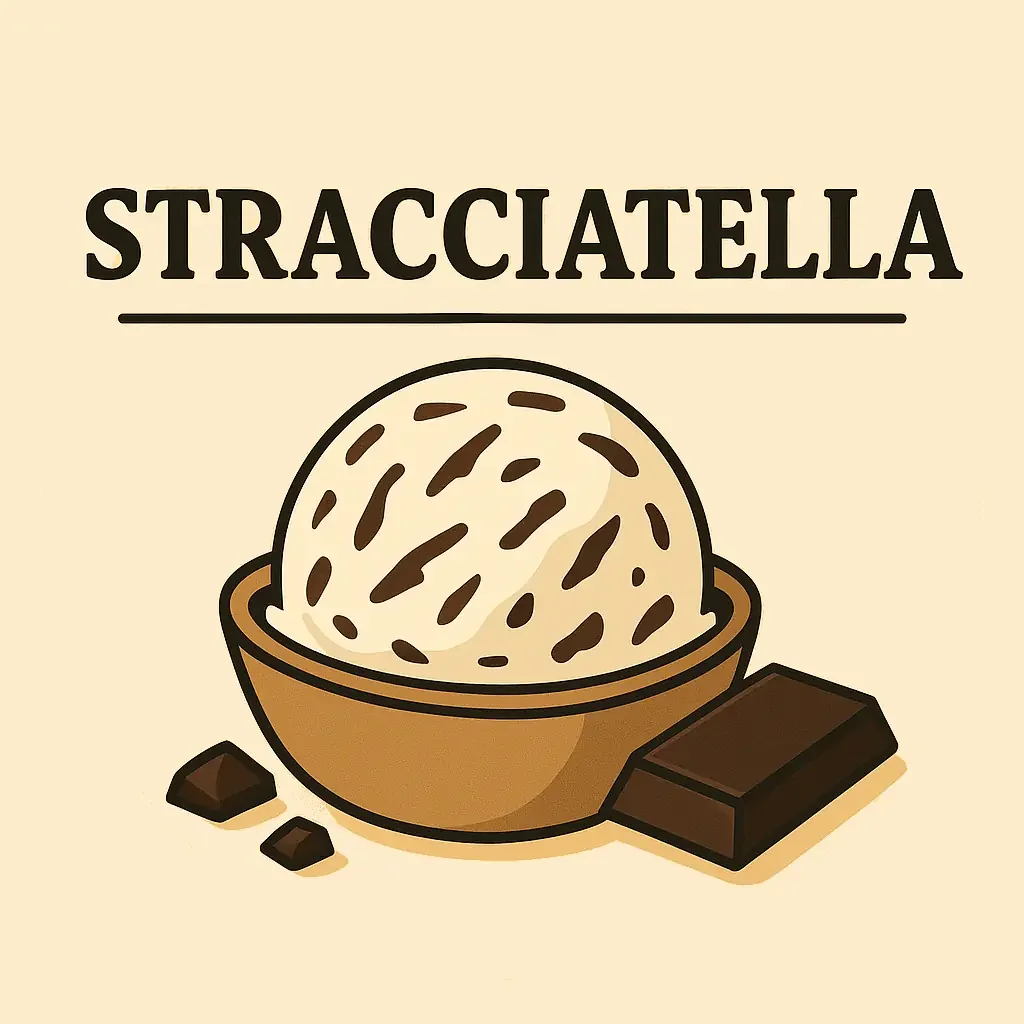 Immagine vettoriale di una panna da latte con cioccolato, sopra il testo 'Stracciatella'.