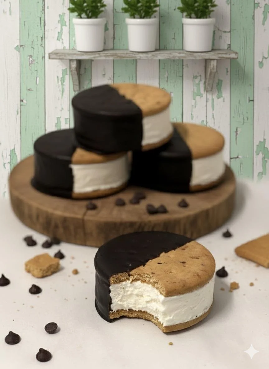 Biscotti al cioccolato con ripieno di crema, alcuni biscotti sono coperti di cioccolato fondente, altri sono interi o con un morso, decorati con gocce di cioccolato e biscotti sbriciolati.